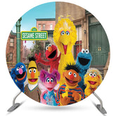 Lofaris Circle Cartoon Dolls Round Street Birthday Backdrop